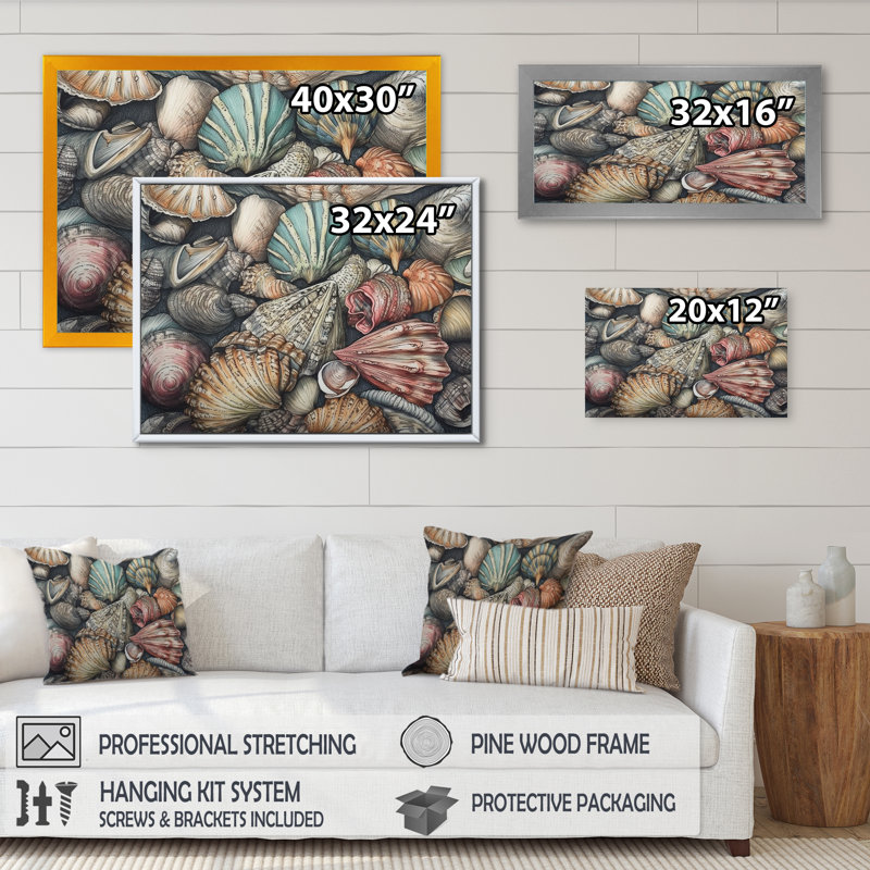 Seaside Seashells V sur toile, H 12 po x l 20 po x P 1 po, Toile tendue