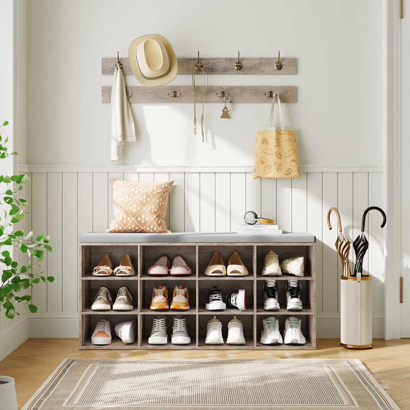 39.4" L Entryway Bench with 12 Cubbies, Entryway Hall Tree with Storage, Gray