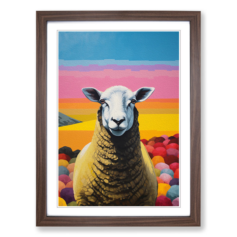 Sheep Colour Field - Single Picture Frame Print on Wood, 34cm H x 25cm W x 2cm D, Walnut