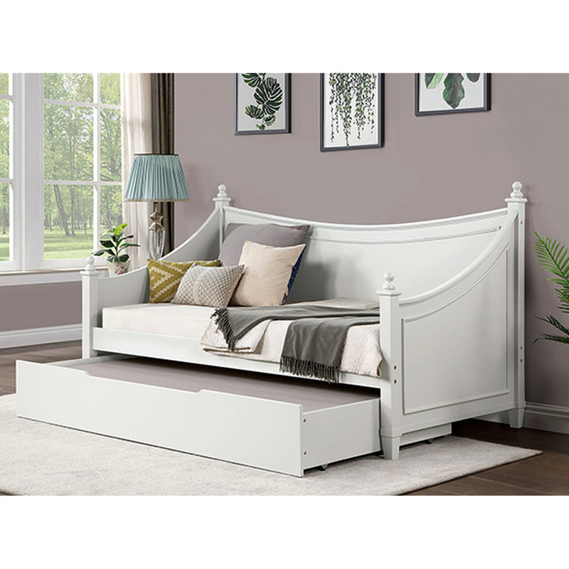 Lit de jour simple blanc de style transitionnel, détails de moulures, conception d'affiche avec fleurons, structure en bois massif, installation pour matelas pour dormir dans de petites pièces et bois d'ingénierie,
