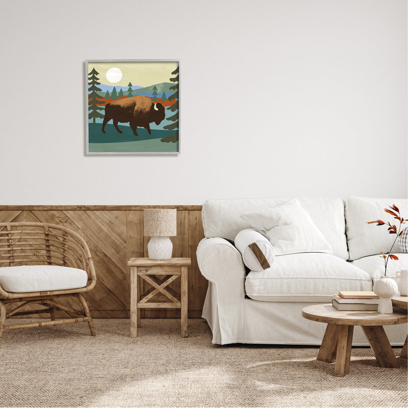 «Sunny Wild Bison Woodlands Lake Trees Collage» par Victoria Barnes - impression, H 24 po x l 24 po x P 1,5 po