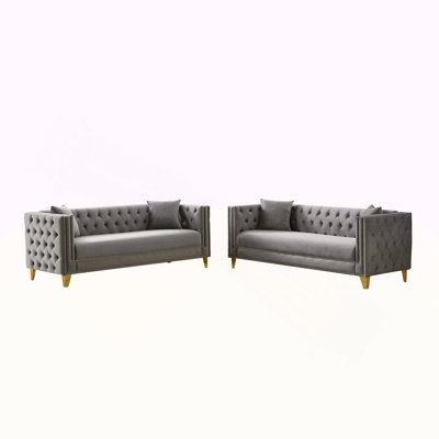Chesterfield Velvet Sofa,3+3 Seater Deep Seat Sofa,Modern Sofa with Button Nailhead,Square Arm Couches,Furniture for Living Room,Bedroom,Office(Grey)