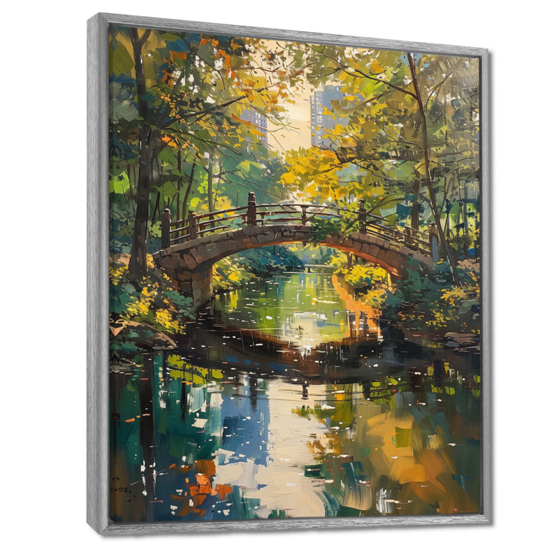 Décoration murale pont jaune jaune vert automne urbain, Toile argentée avec cadre flottant, H 44 po x l 34 po x P 1,5 po