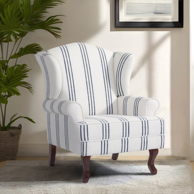 Dokun Berio 79 Cm Wide Linen Wingback Chair, Stripe Navy Linen