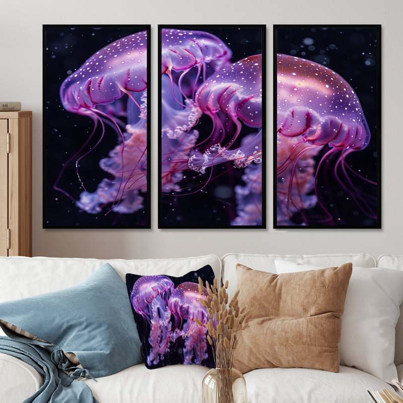 Ensemble d'art mural mauve et noir «Jellyfish Dance II», Toile avec cadre flottant noir, H 28 po x l 36 po x P 1 po