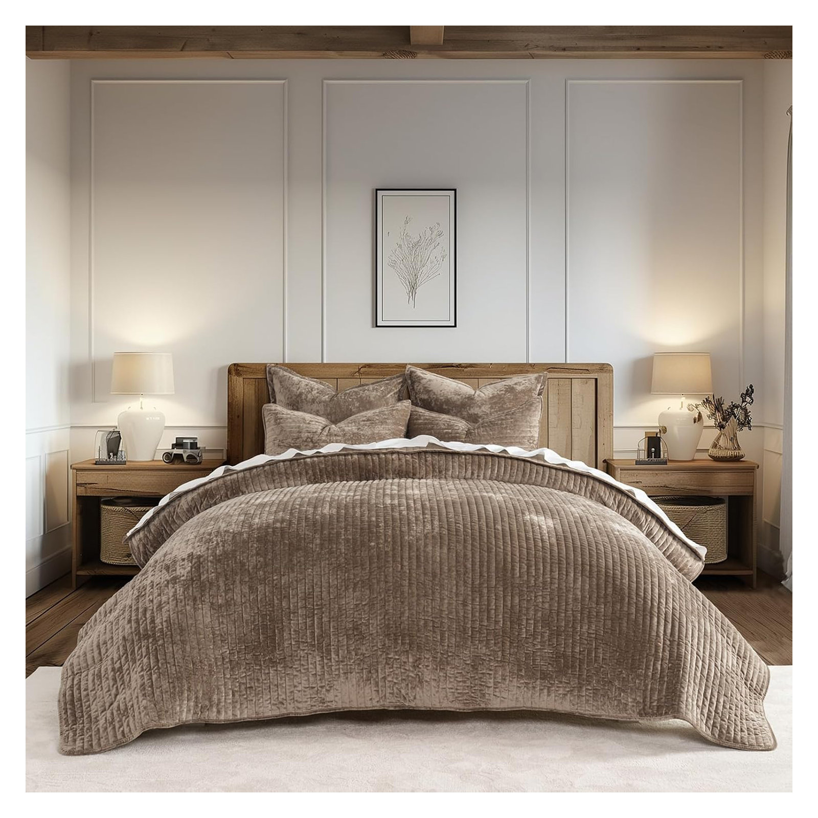 Luxe Velvet Channel Quilt Set, Queen, Mocha Brown