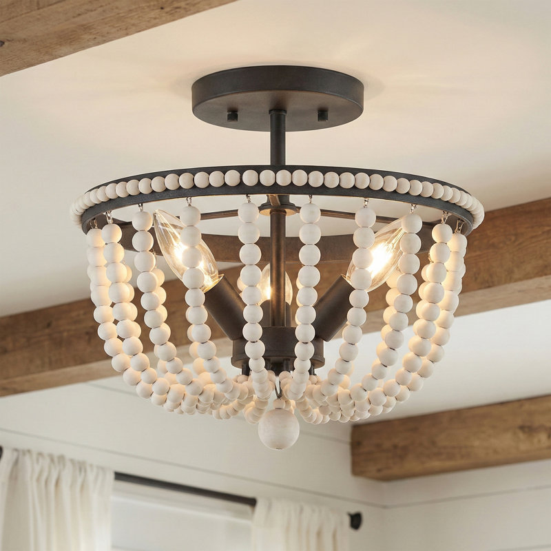 Osaka 3-Light Beaded Semi Flush Mount Ceiling Light, Boho Farmhouse Style