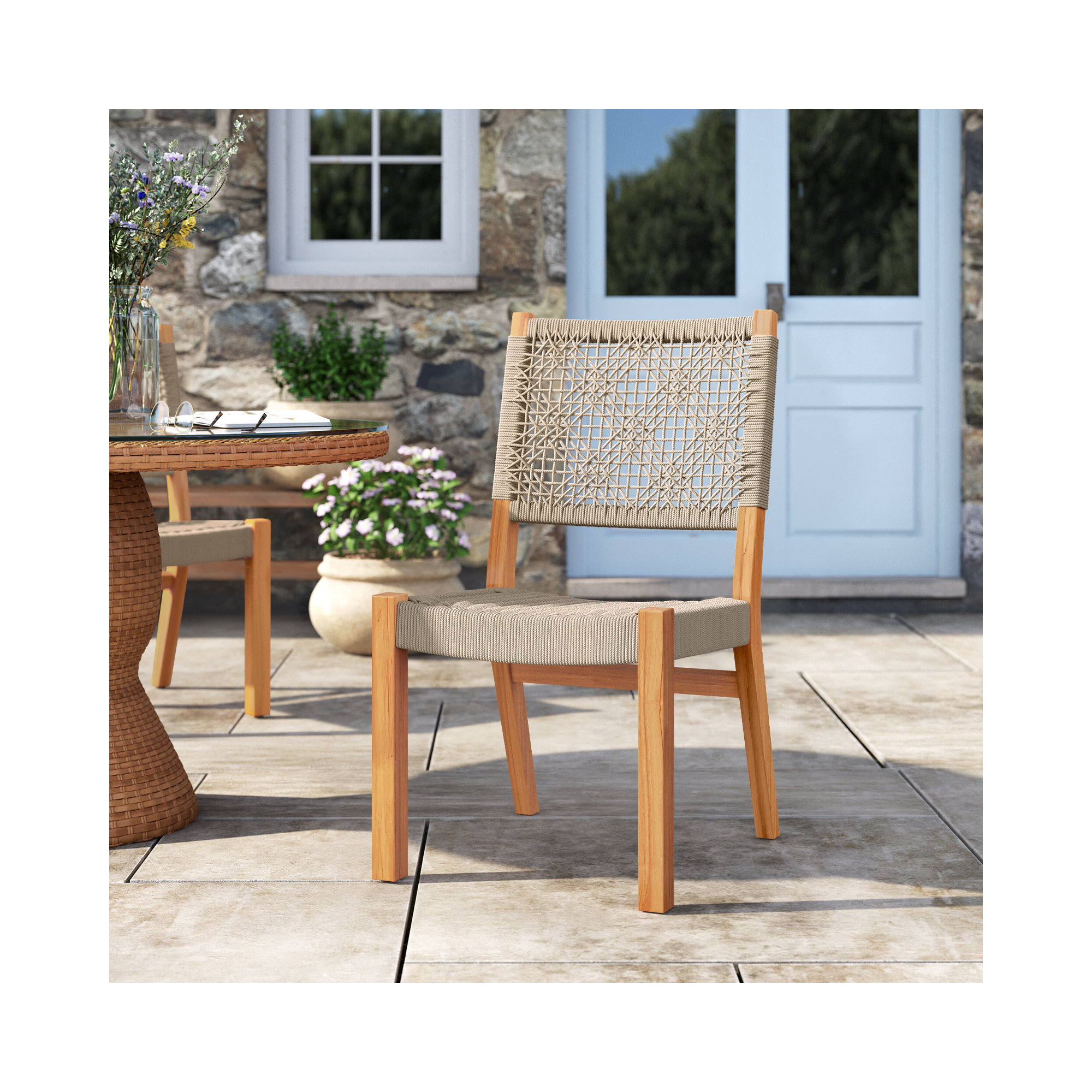 Seras Wood Premium All-Weather Wicker Outdoor Dining Side Chair, Tan