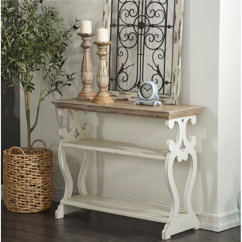 Czajkowski Wood Scroll Side Frames 2 Shelf Console Table with Brown Wood Top, White