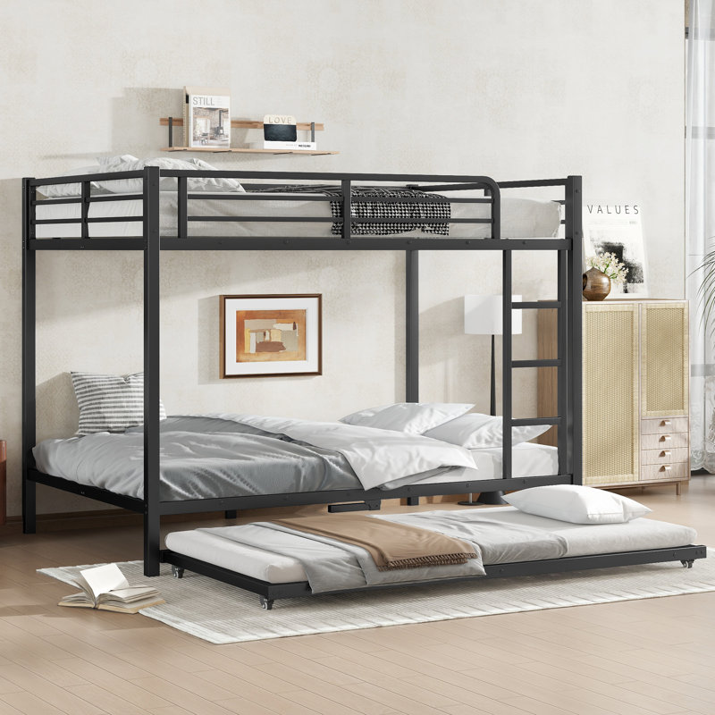Metal Bunk Bed with Trundle, Sturdy Frame with Guardrails and Ladders, Space-Saving Design, Black, Full Over Full