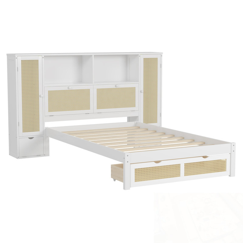 Lit simple en bois avec deux casiers de rangement, un tiroir et une tablette de rangement, Blanc