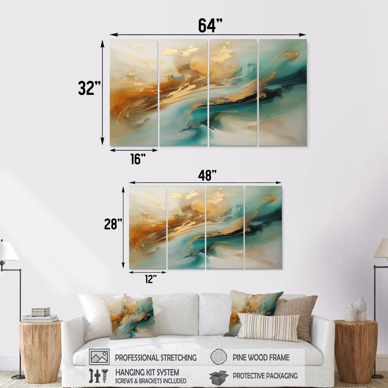 Golden Sunrise On Turquoise II - Art mural abstrait pour le salon 4 pièces, 28" H x 48" W