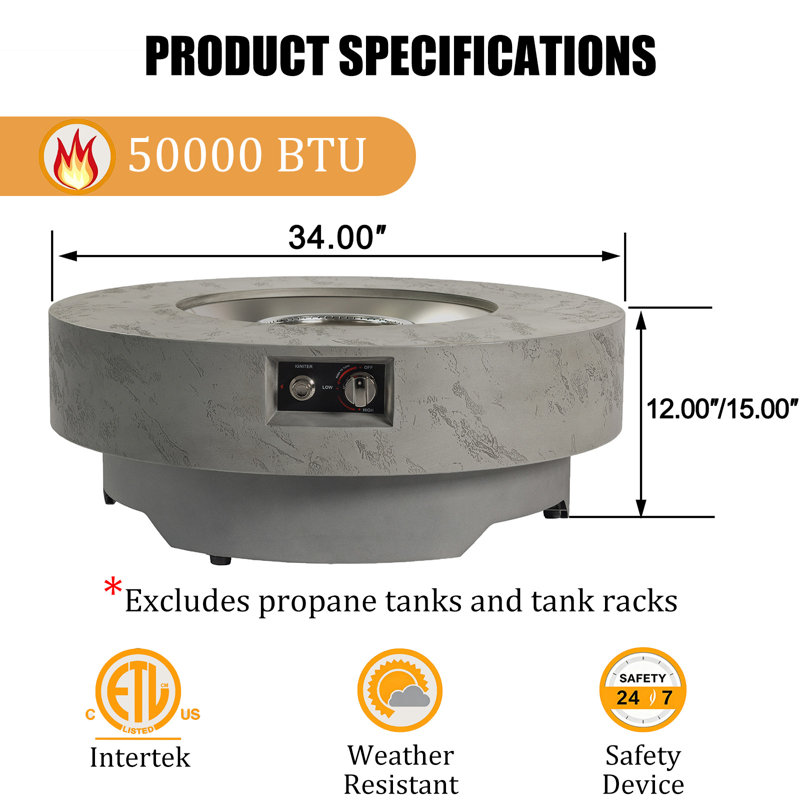 Table de foyer au propane 2 en 1 de 86 cm (34 po) à hauteur réglable, avec plateau texturé ciment de 50 000 BTU et housse de protection contre la pluie.