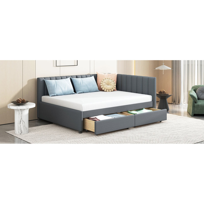 Lit de jour avec 2 tiroirs et revêtement en lin gris, aucun sommier requis. Cadre de lit pour un rangement à tiroirs complet, en gris. Sans atmosphère relaxante