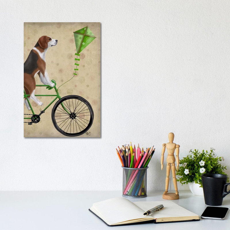 Beagle On Bicycle by Fab Funky - Wrapped Canvas Gallery-Wrapped Canvas Giclée, 20.32 cm H x 30.48 cm W