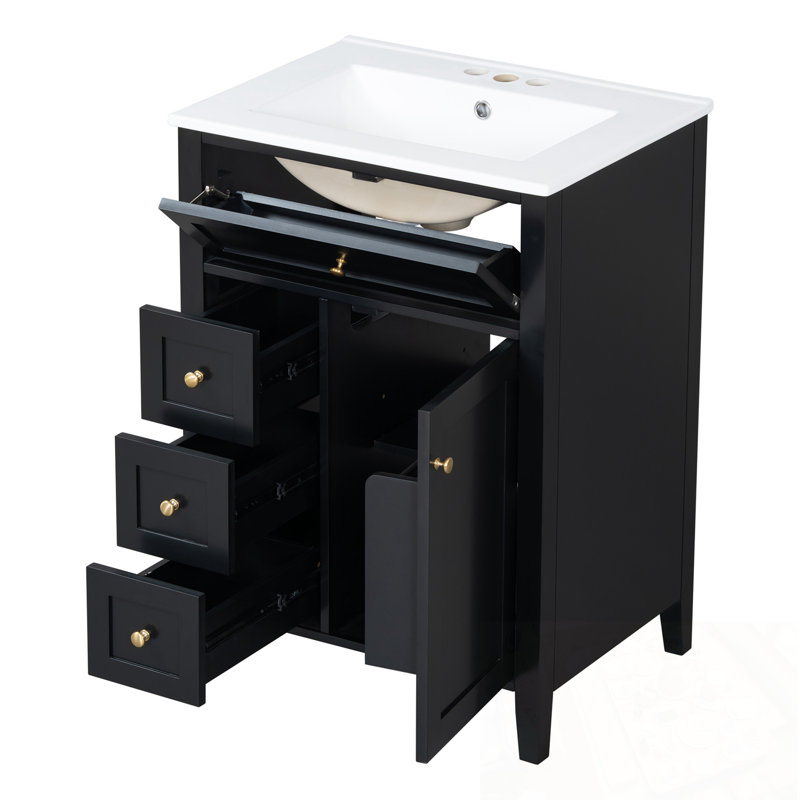 Meuble-lavabo avec lavabo, 3 tiroirs, 1 armoire et tablette réglable, Noir