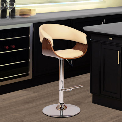 Allin Swivel Adjustable Height Bar Stool with Open Back in Faux Leather, Walnut Wood and Chrome