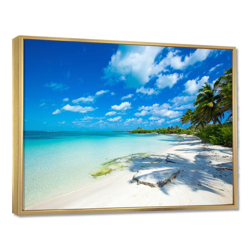 «Tropical Beach with Palm Shadows» de Mattos - reproduction de photo, Cadre flottant doré, H 24 po x l 32 po