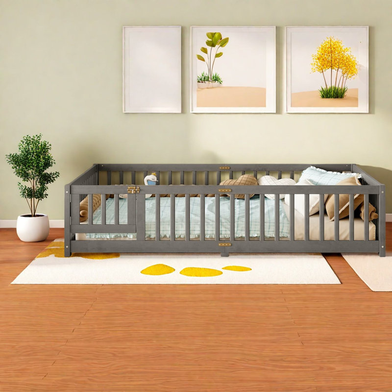 Grand lit pour enfant peu encombrant, structure en bois de pin, design gris rustique