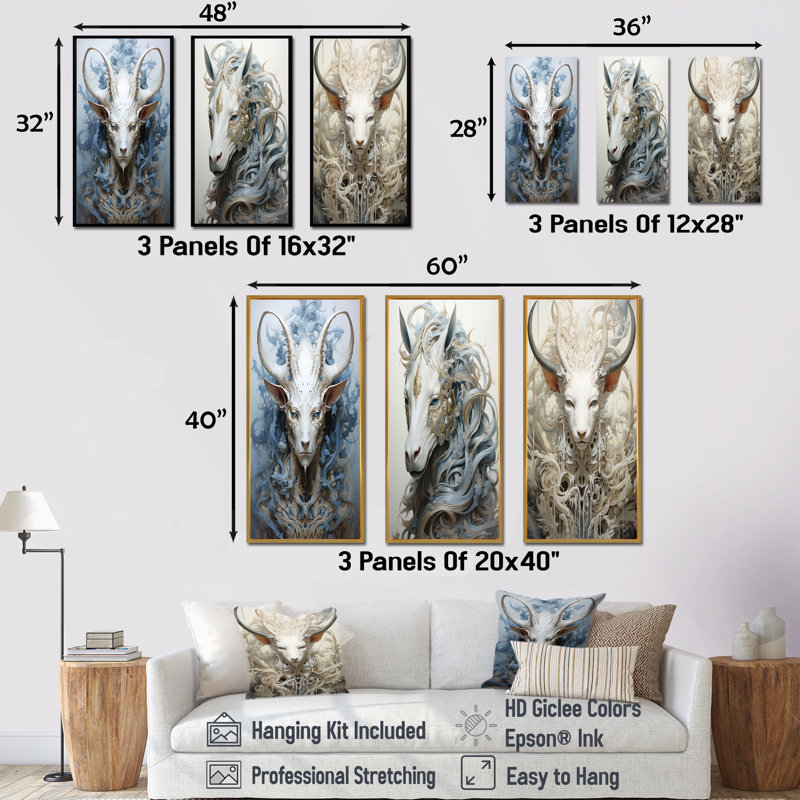 «Mythical Creature Horse», ensemble de 3 reproductions d'art mural Mythical Creatures, Cadre flottant doré, H 32 po x l 48 po