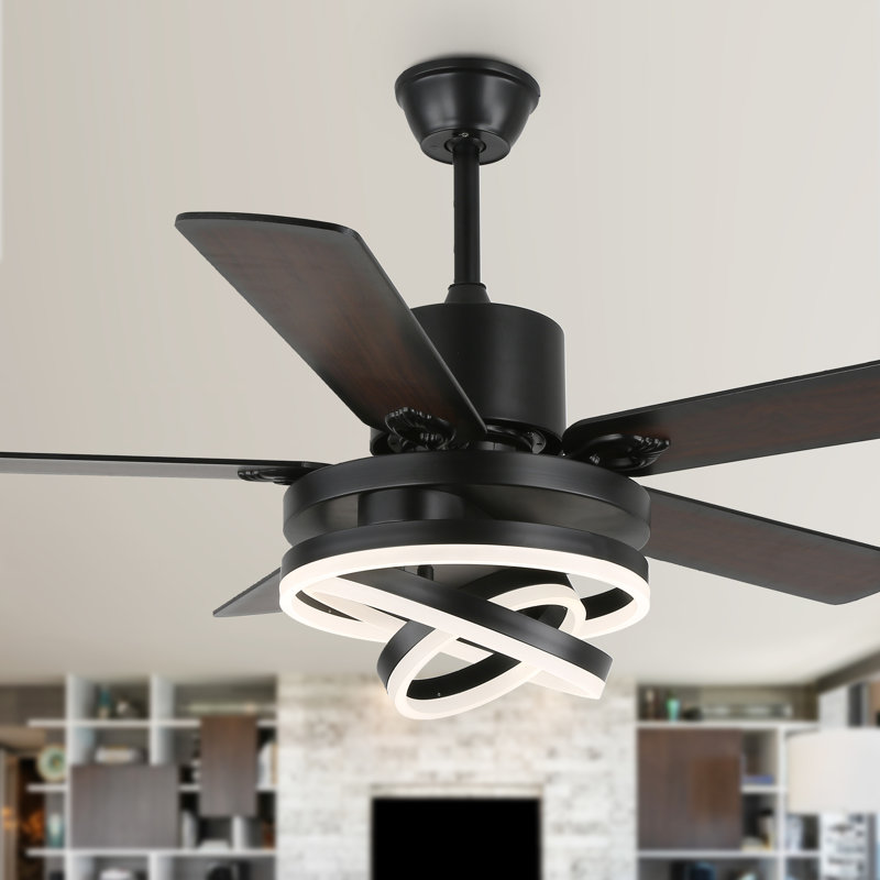  52" Modern 5-Blade Ceiling Fan with Light Kit and Remote, 6 Speed Black Quiet DC Dimmable Light with DIY LED Shade for Living Room