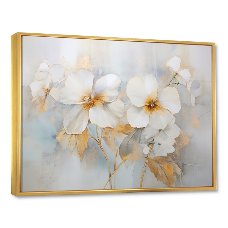 Minimalisme Pansy Radiance Bouquet sur toile, Cadre flottant doré, H 34 po x l 44 po x P 1,5 po