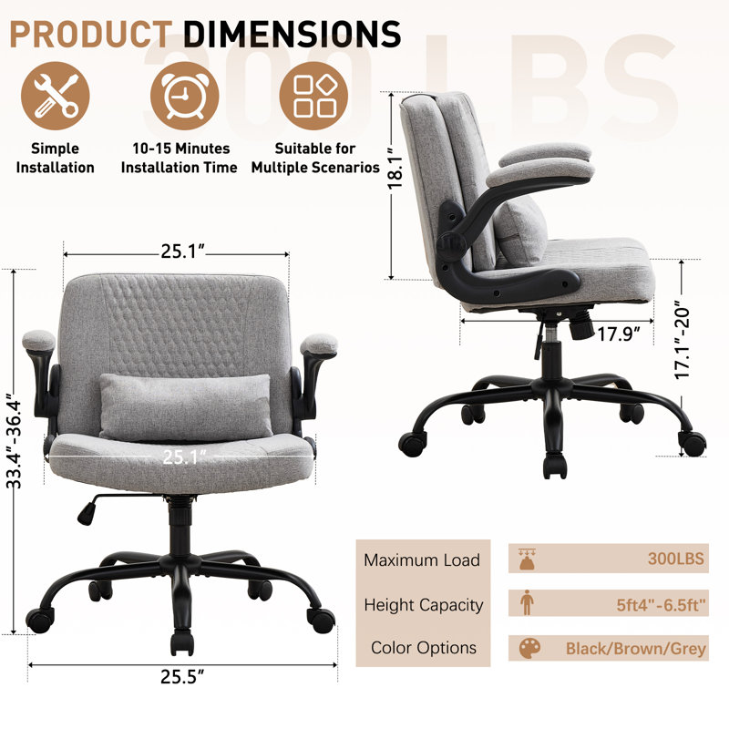 Criss Cross Legged Chair With Flip-Up Arms And Wheels, Flipable Back Cushion Wide Seat Office Desk Chair