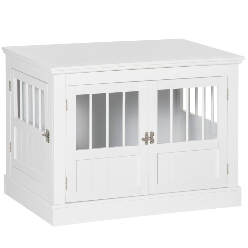 Cage pour chien comme table de bout, blanc. Pour les petits chiens, avec espace spacieux, portes triples, pièce de couplage magnétique, tubes en acier avec une grande surface de table, serrure