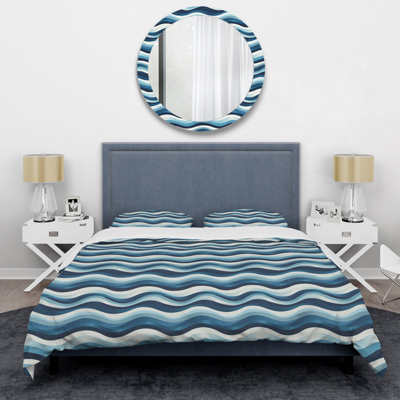 Ensemble de housse de couette Modern White Waves IV - blanc et bleu, Housse de couette simple et deux taies décorative