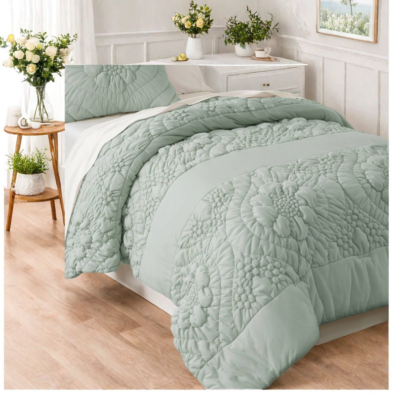 Elegant Floral Bedding Set, Polyester Sage Comfort, All-season Use