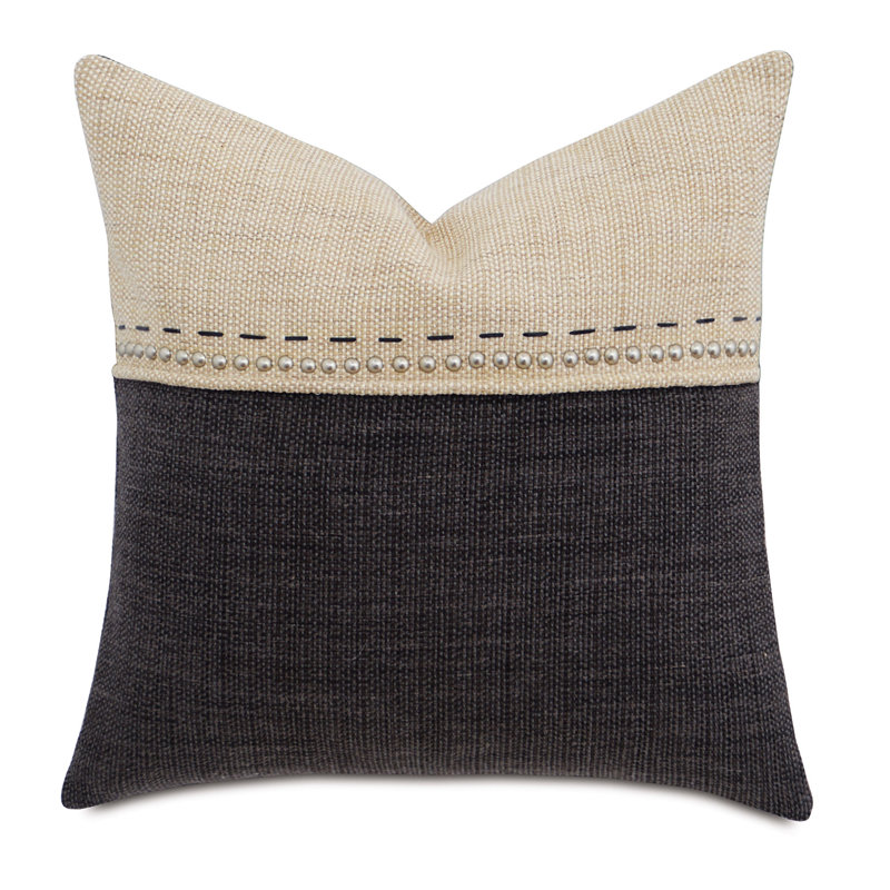 Gilmer Charcoal and Beige Square Pillow with Nailhead Detailing