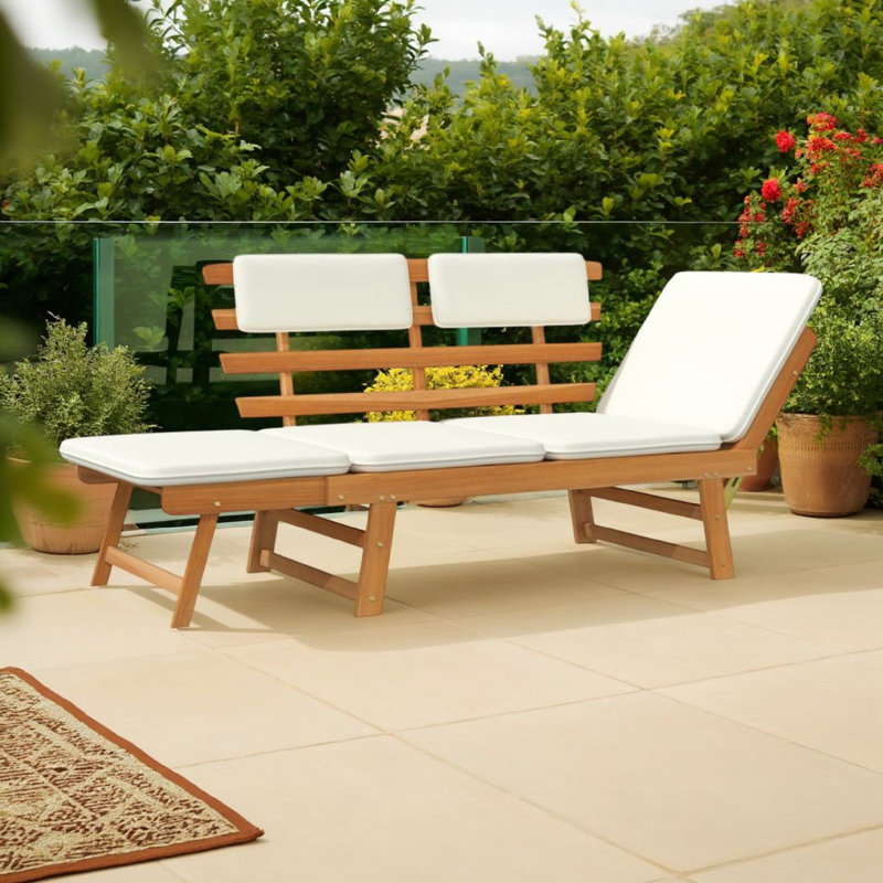 Banc d'extérieur, pliant 2 en 1, coussins blancs, bois d'acacia brun