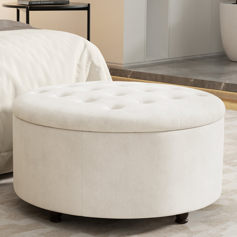 Winston Porter Upholstered Ottoman with Storage, Beige Linen Blend