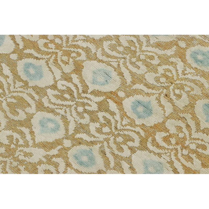 Rug & Kilim’S Block Print Rug In Soft Gold, Beige And Blue Floral Motifs