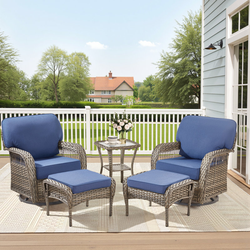 Ensemble de 5 pièces en rotin d'extérieur de qualité supérieure, 2 chaises coulissantes pivotantes avec dossiers en forme de T, 2 repose-pieds multifonctionnels et une table d'appoint en verre renforcé pour le patio, le jardin, la piscine et la cour