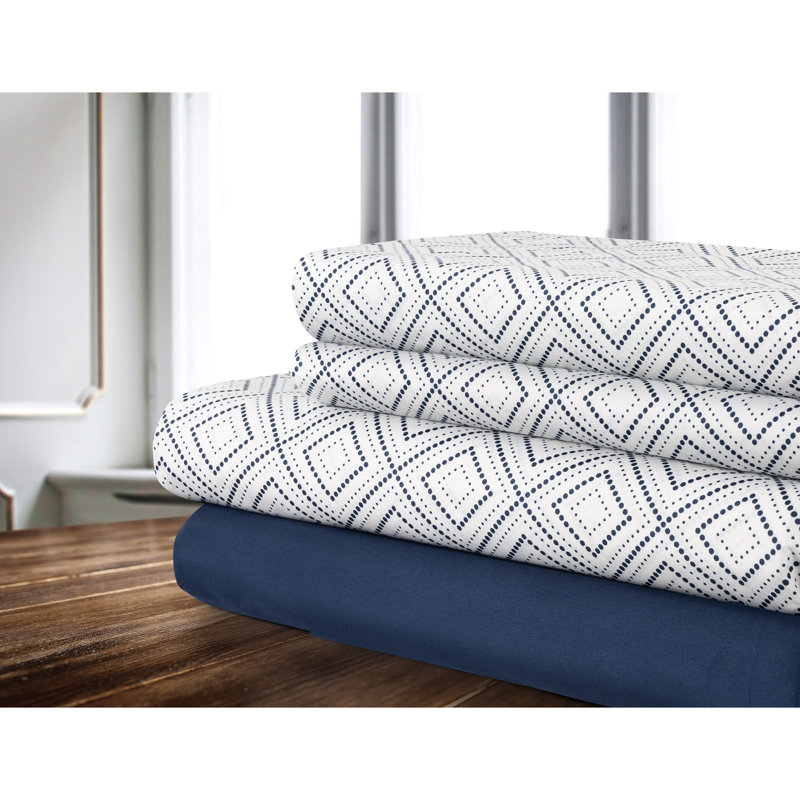 Microfiber Geometric Sheet Set, Double Sheet Set + Fitted Sheet + 2 Pillowcases, Navy