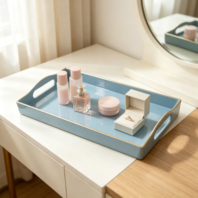 Plateau décoratif de salle de bain pour comptoir, plateau de rangement pour meuble-lavabo avec poignées, plateau de rangement pour parfum, bijoux, maquillage, clés, plateau rectangulaire en plastique bleu clair