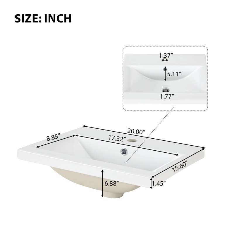 Meuble-lavabo de 20 po avec lavabo, meuble-lavabo avec tablette à deux niveaux, tablette réglable, bois massif et panneau de fibres à densité moyenne