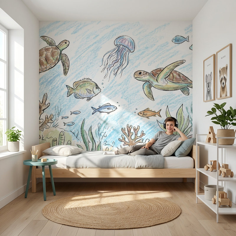 Murale sous-marine Tortues marines, 120" x 96", Peler et coller