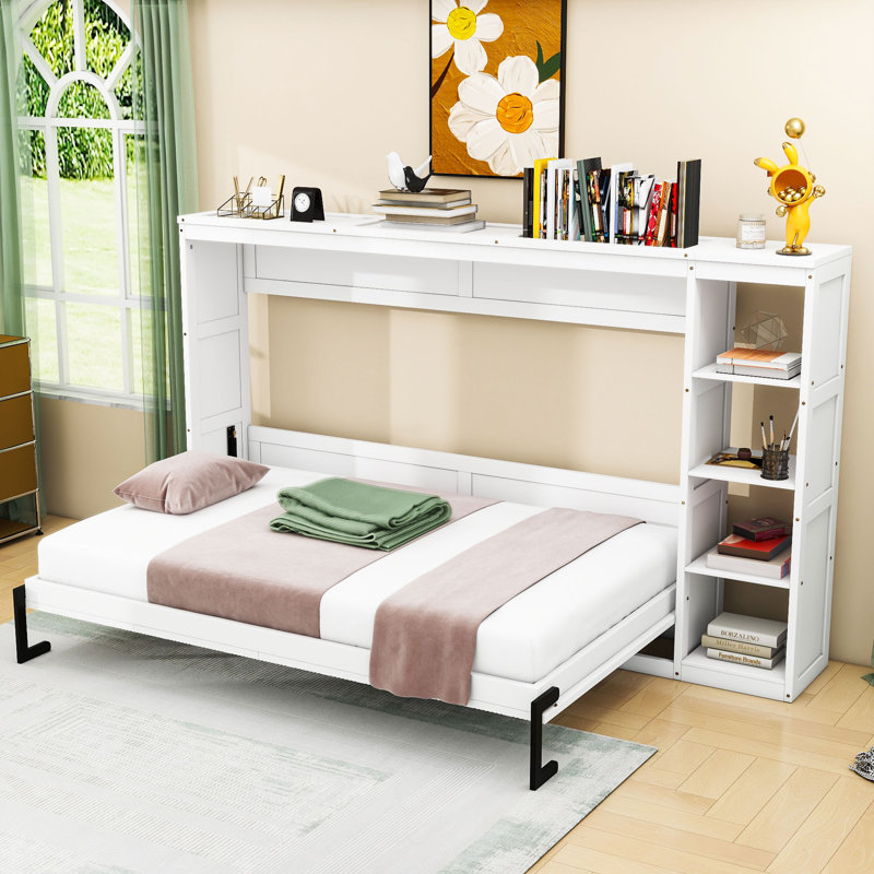 Lit escamotable avec tablettes de rangement Murphy, Double, Blanc
