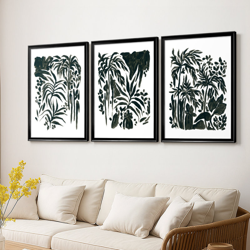 Encre Jungle I - Toile tendue avec châssis encadré - 3 pièces, Noir, H 19 po x l 27 po