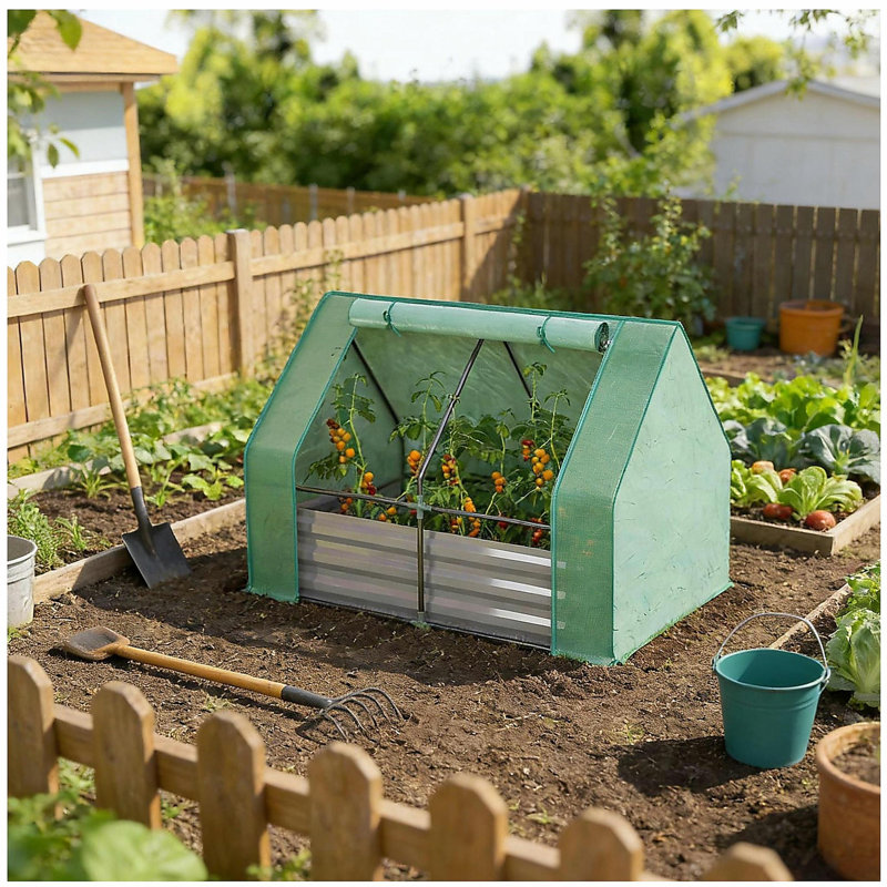 Raised Garden Bed,Mini Greenhouse,2-in-1 Raised Planter Greenhouse, Dark Gray/Green