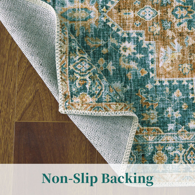Tapis oriental en polyester tissé à la machine en vert / doré, Rectangle 6 pi x 9 pi