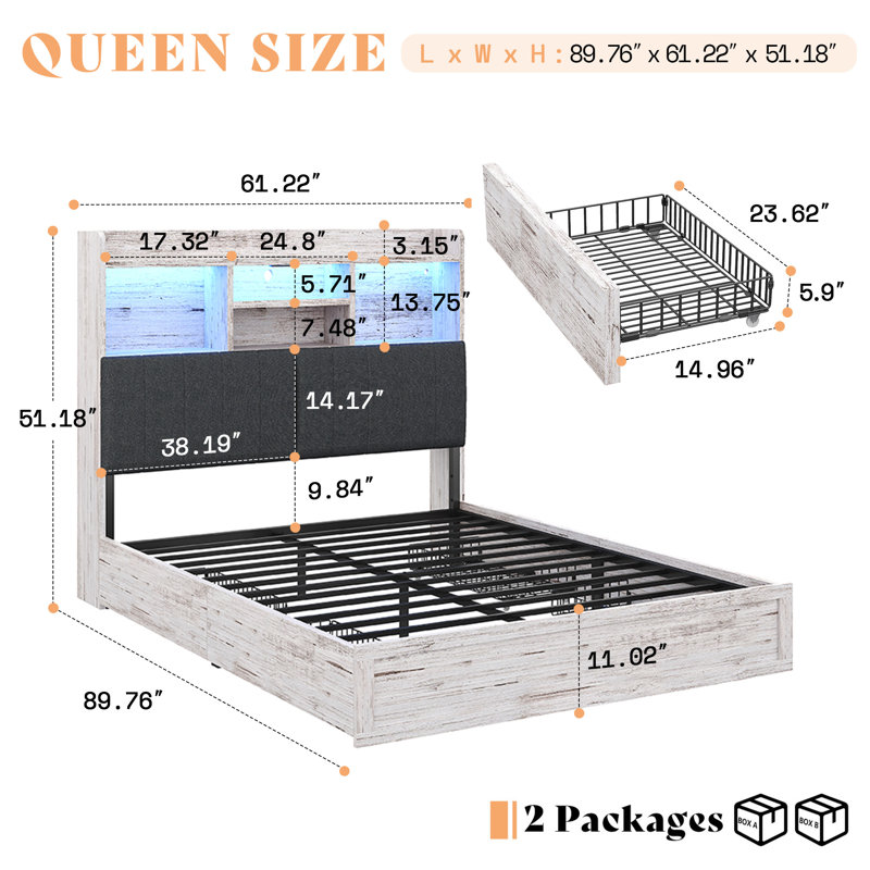 LED Farmhouse Bed with Bookcase Headboard & Charging Station, White, Queen