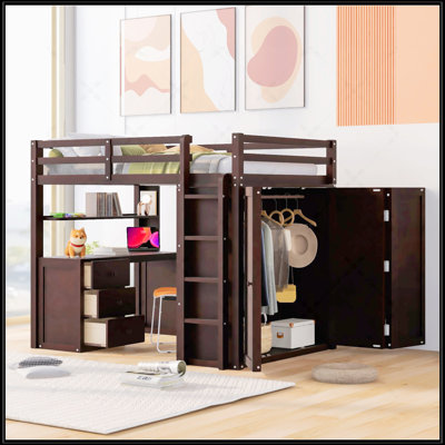 Lit mezzanine avec tiroirs, bureau et garde-robe