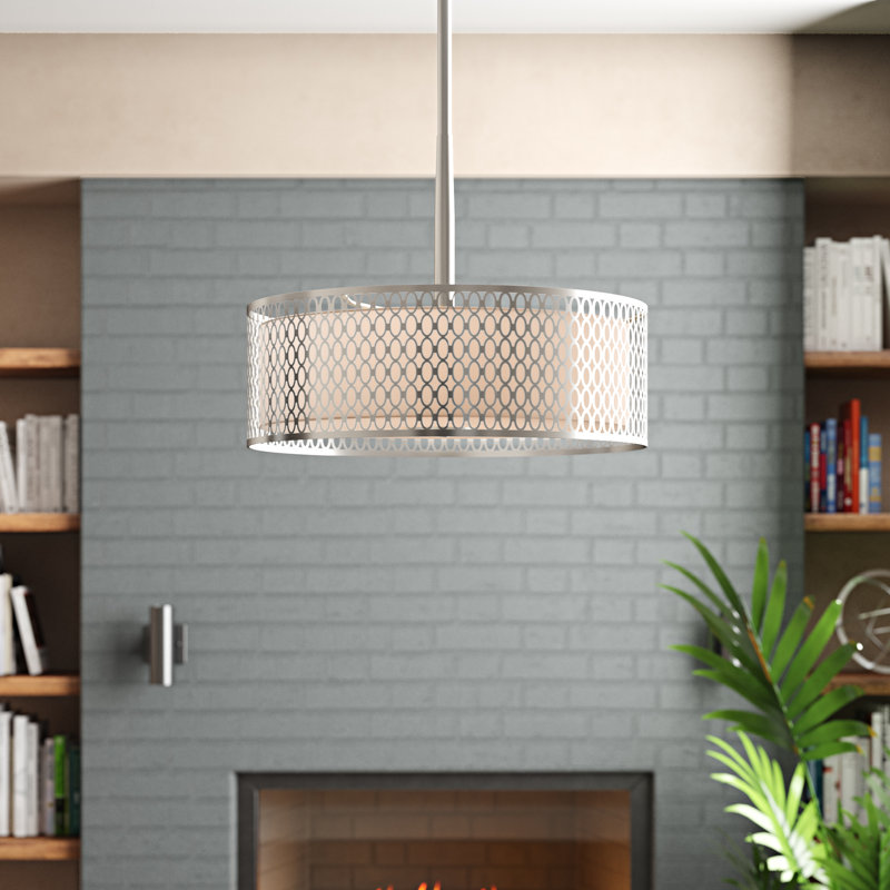 Luminaire suspendu cylindrique à 3 lumières DEL Ferrigno, Nickel satiné, H 7,5 po x l 17 po x P 17 po