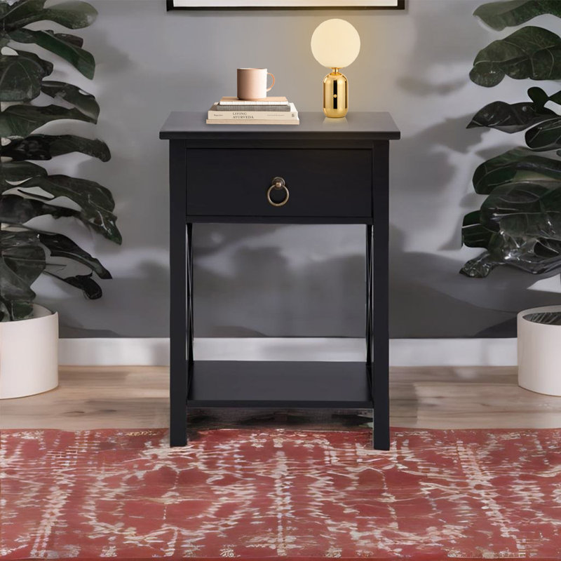 Petite table de chevet avec tiroir et tablette ouverte Mutchler, Noir, noir, noir, noir, Individuel