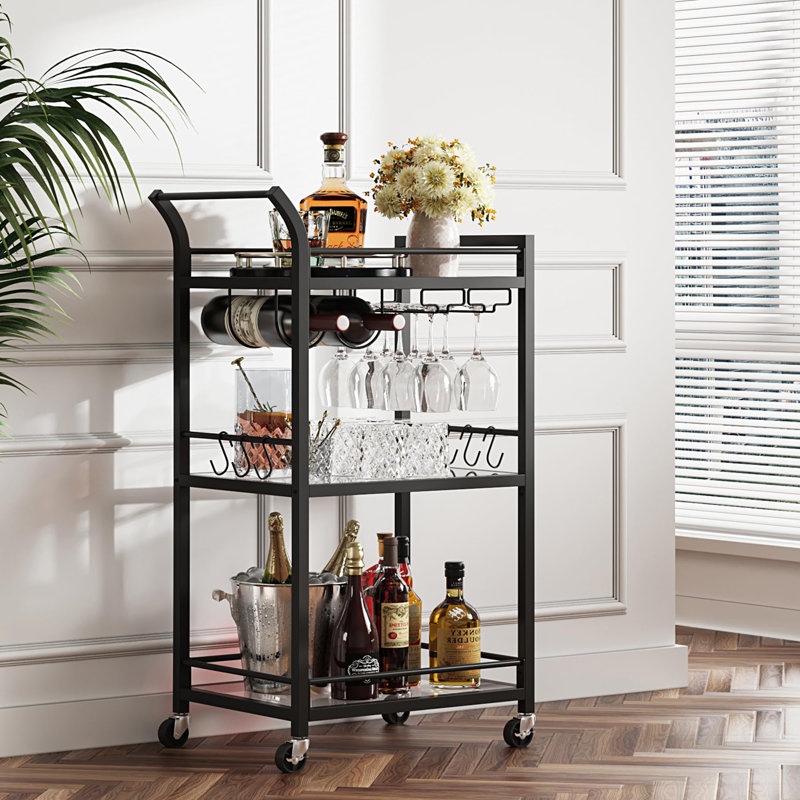 Chariot-bar avec tablette miroir à 3 niveaux, Noir