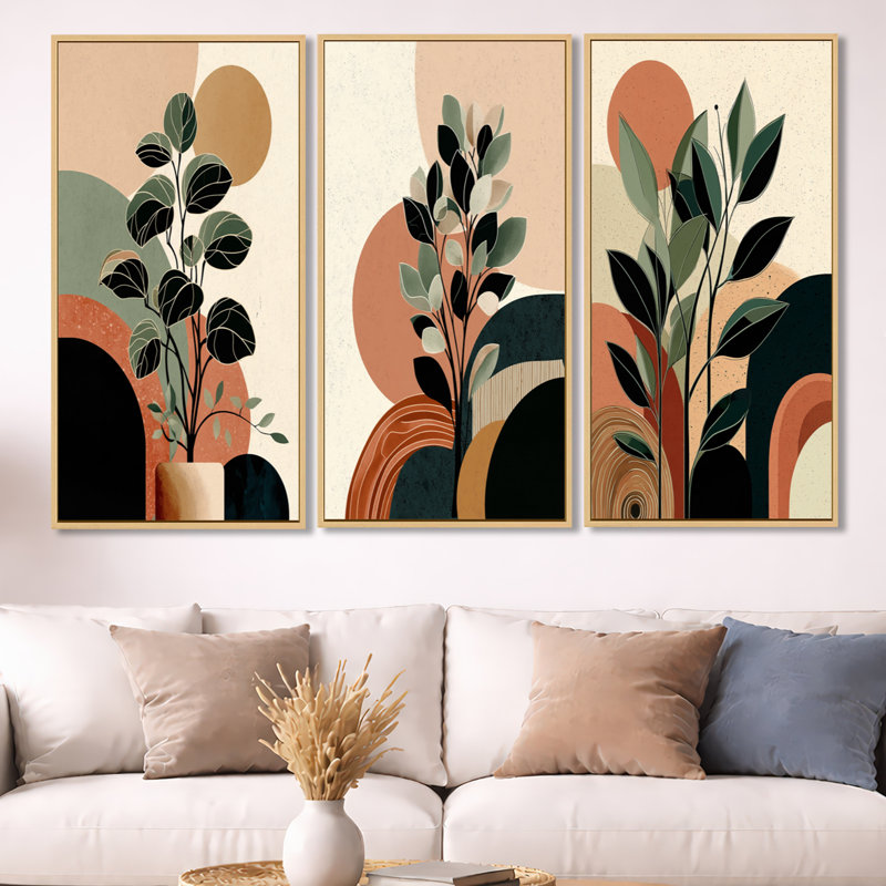 «Black and Green Bohemian Minimalist Plant - Abstract Botanical», reproduction de toile 3 pièces, 32" H x 48" W