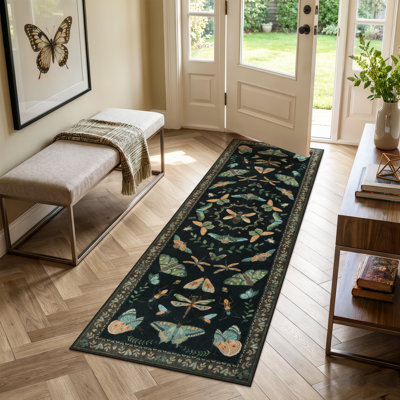 Tapis de couloir papillon noir lavable d'insectes et de fleurs avec envers antidérapant pour cuisine d'entrée de chambre